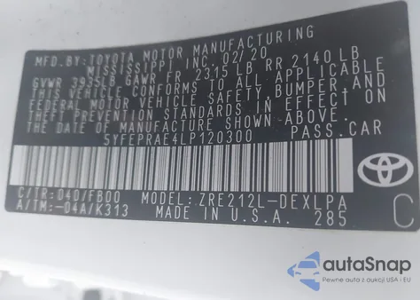 2020 Toyota Corolla Le from USA, damaged, VIN 5YFEPRAE4LP120300